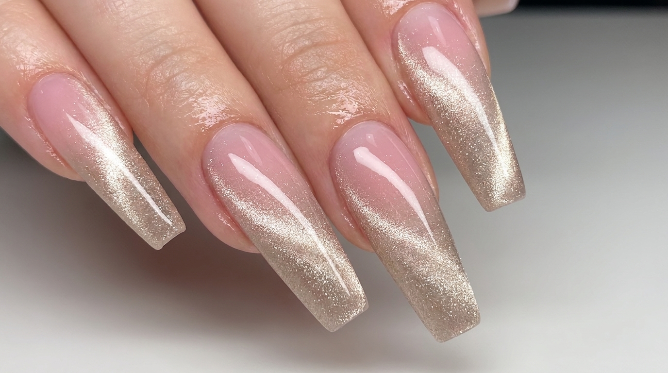 Nahaufnahme von glänzenden, langen Nägeln in Sargform mit einem sanften rosa Ombré-Verlauf und einem hellen, champagnerfarbenen magnetischen Cat-Eye-Schimmer.