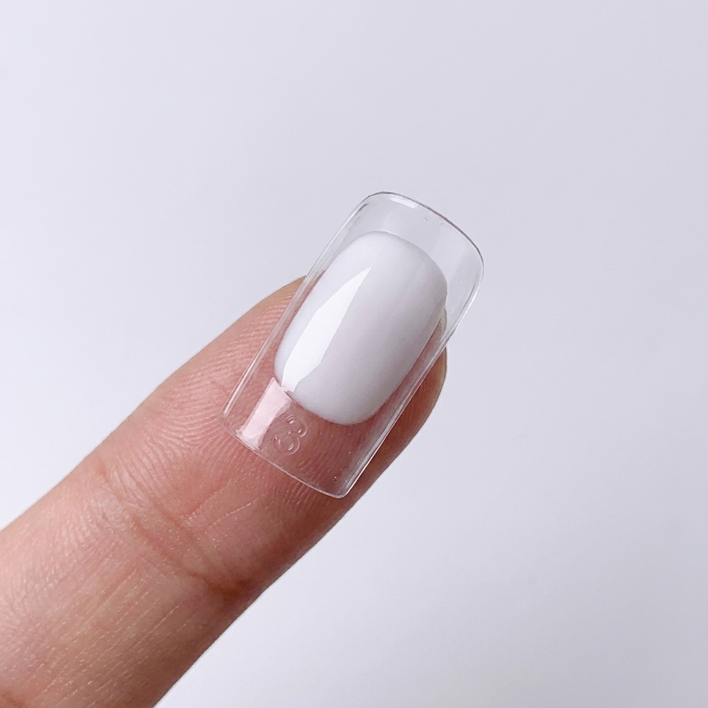 Nahaufnahme eines Pinsels, der milchig weißes Gel auf einen klaren Nagel-Tip aufträgt.