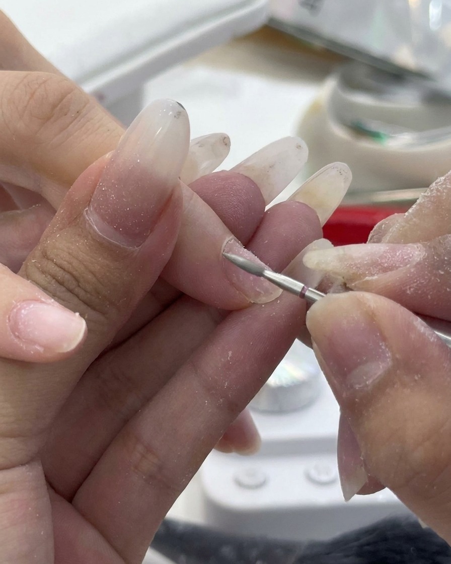 Nahaufnahme eines feinen, nadelförmigen Fräseraufsatzes bei der Reinigung der Nagelhaut.
