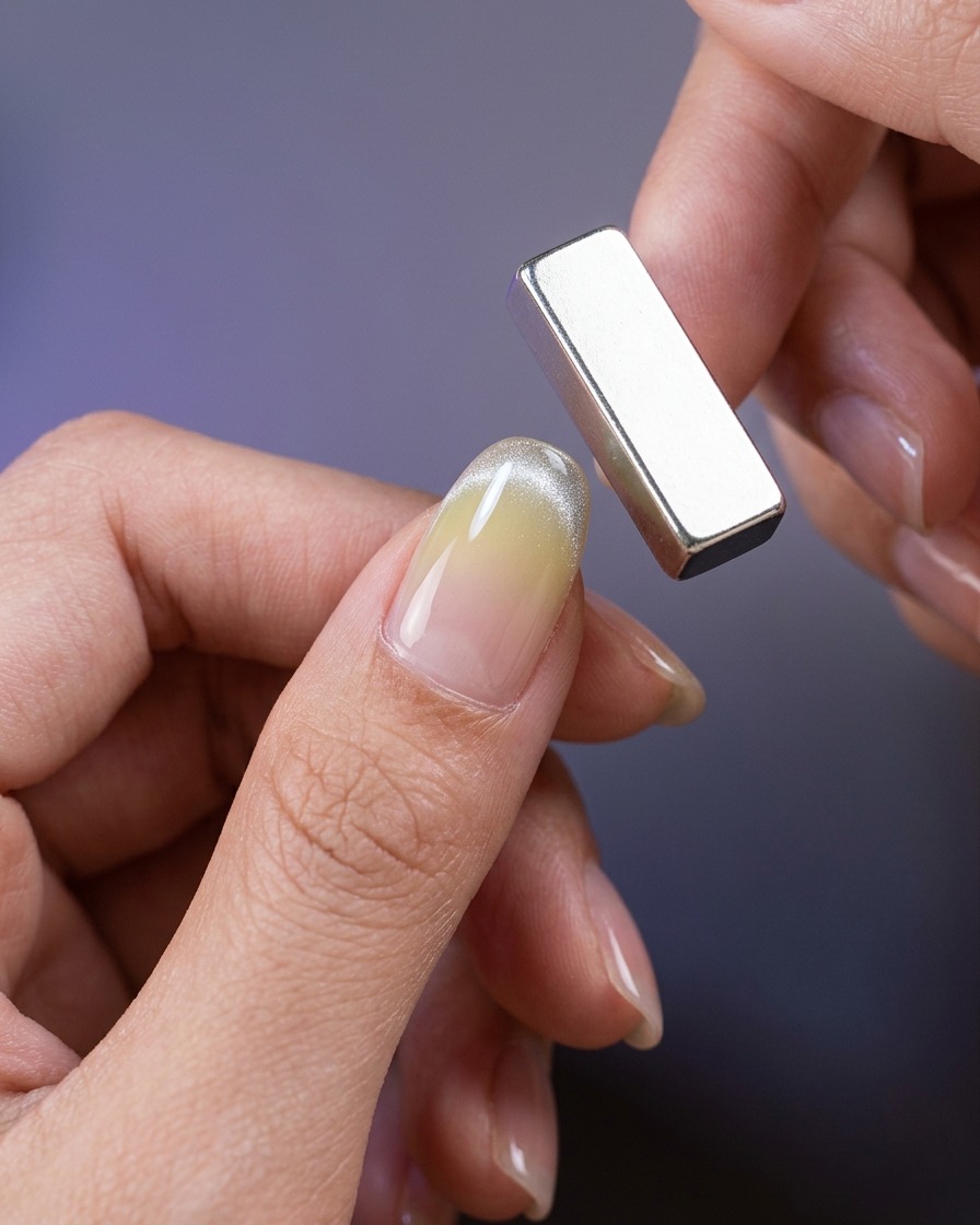 Eine Nahaufnahme zeigt, wie ein dünner Magnet verwendet wird, um den magnetischen Gellack an der Nagelspitze zu einer definierten Linie zu ziehen.
