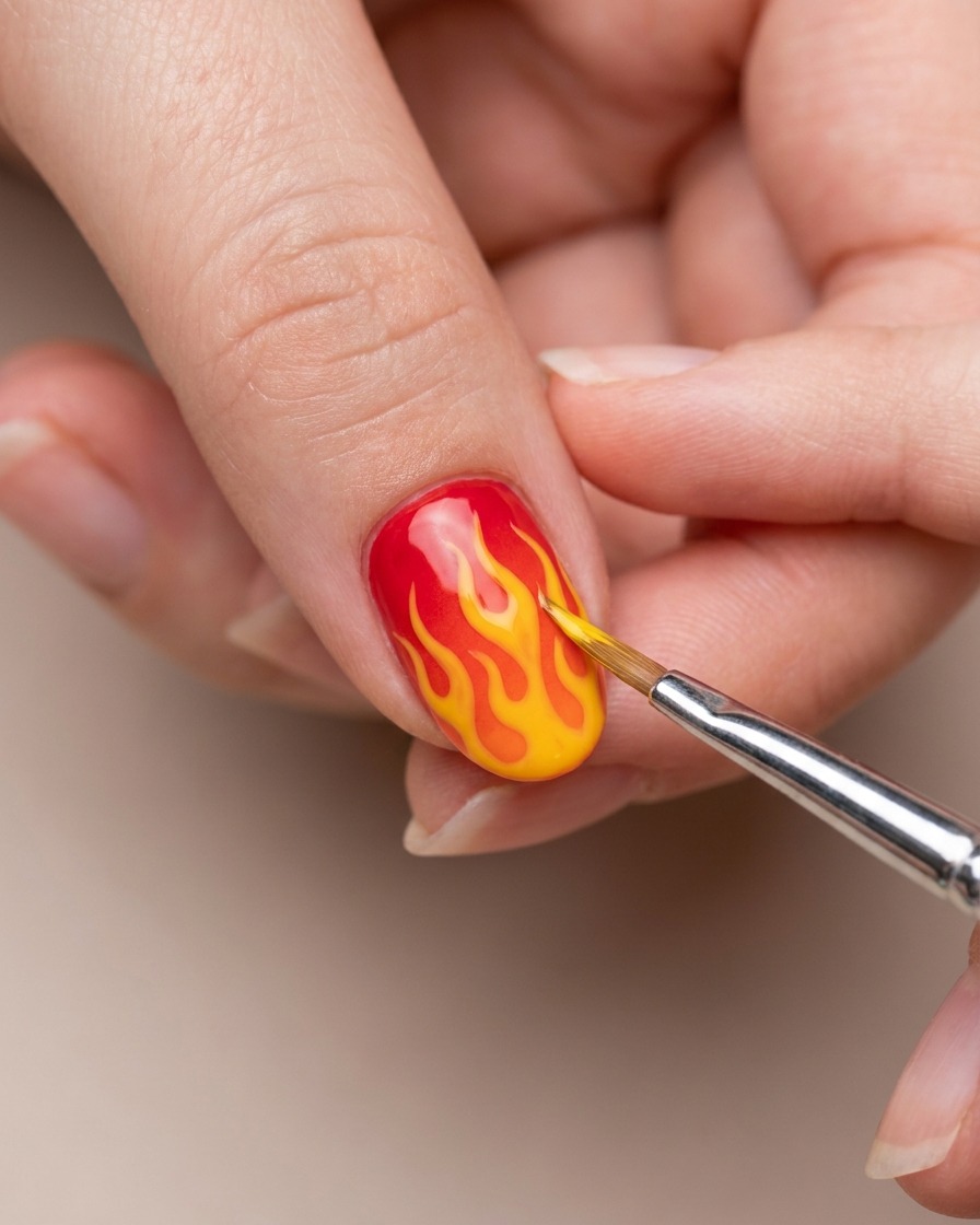 Verfeinerung des Flammendesigns durch das Hinzufügen einer präzisen gelben Schicht.