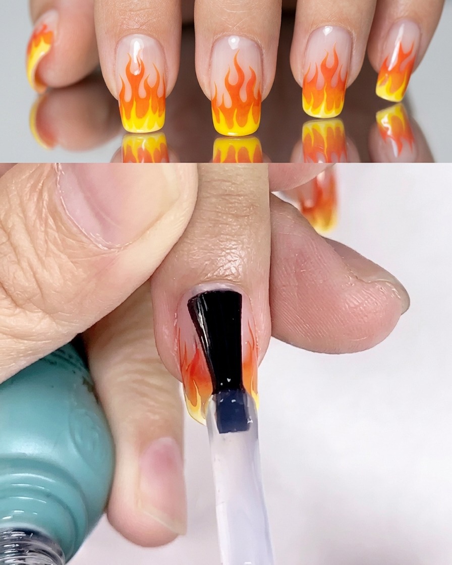 Ein klarer Top Coat wird auf das fertiggestellte Flammen-Nageldesign aufgetragen.