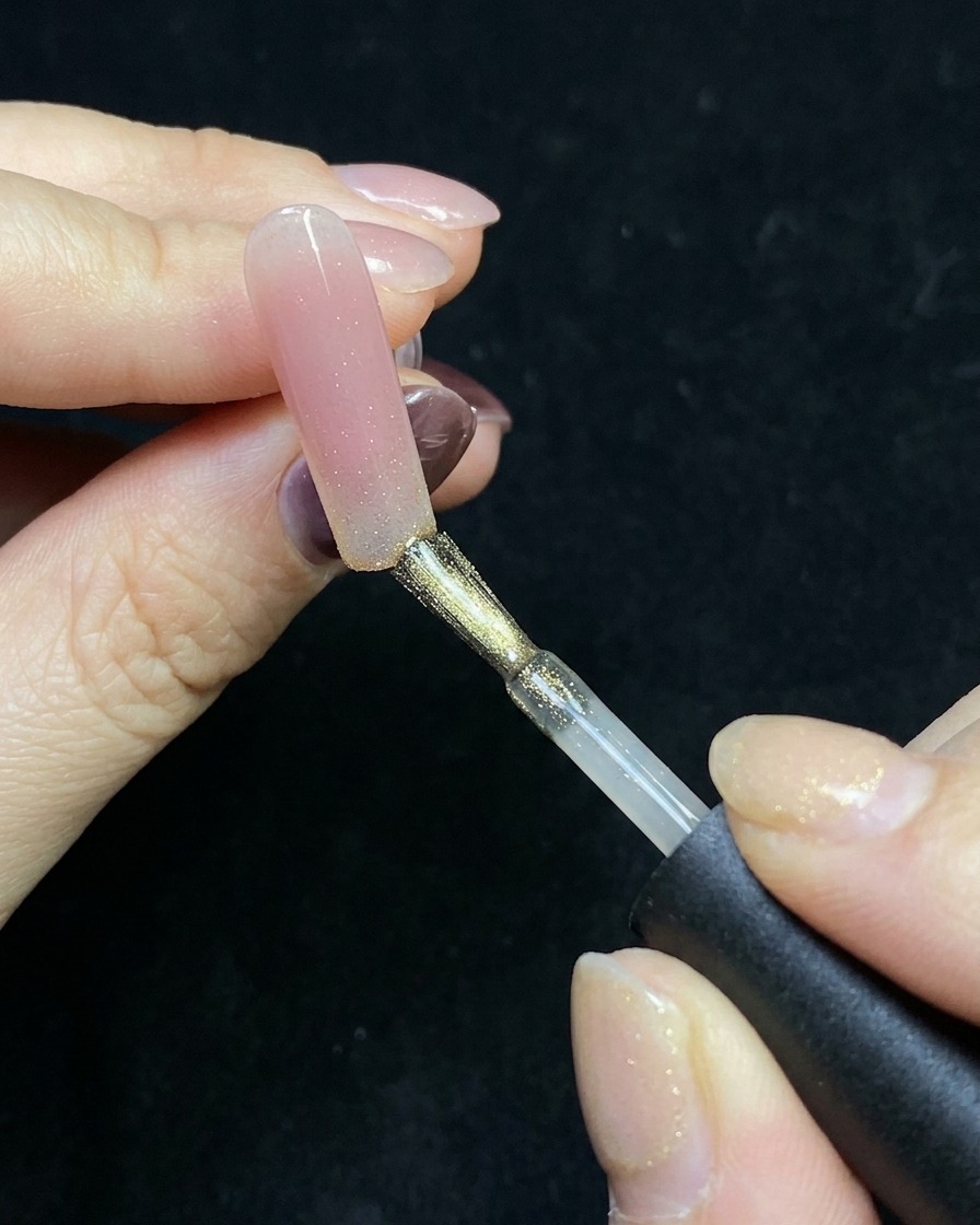 Ein Pinsel trägt goldenes Cat-Eye-Gel auf die Spitze eines Nagels mit Nude-Basis auf.