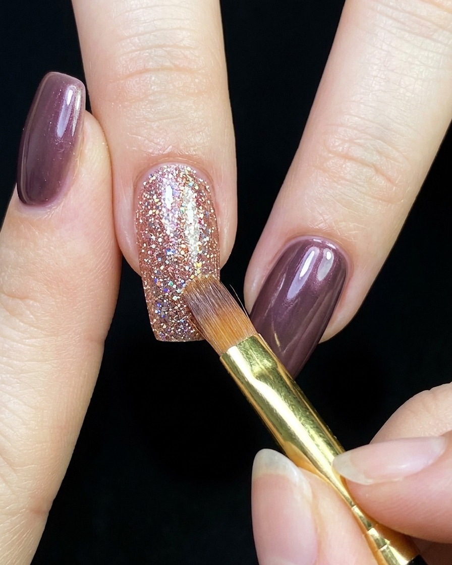 Ein Nagel mit Cat-Eye-Gel wird gehalten, während ein Pinsel beim Glätten des Finishs vor dem Aushärten hilft.