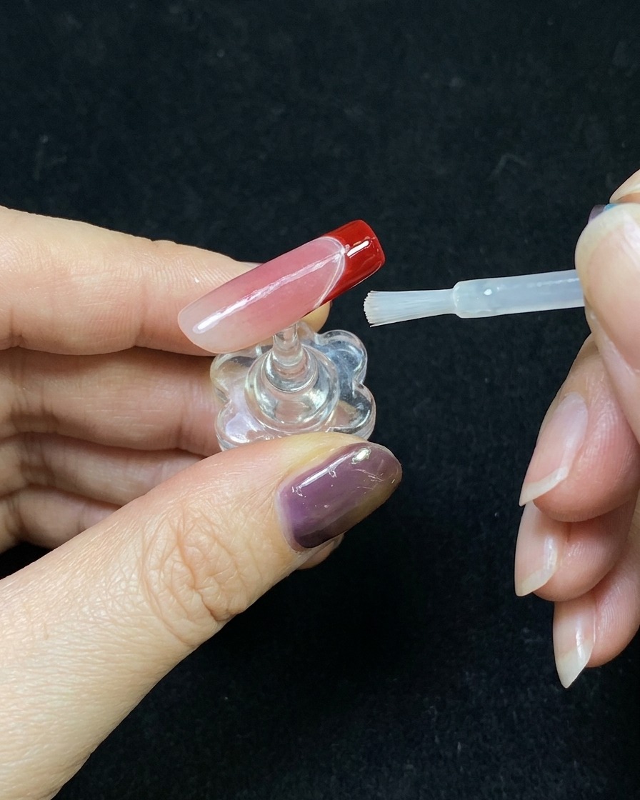 Ein klarer Top Coat wird über ein fertiges rotes French-Spitzen-Design aufgetragen.