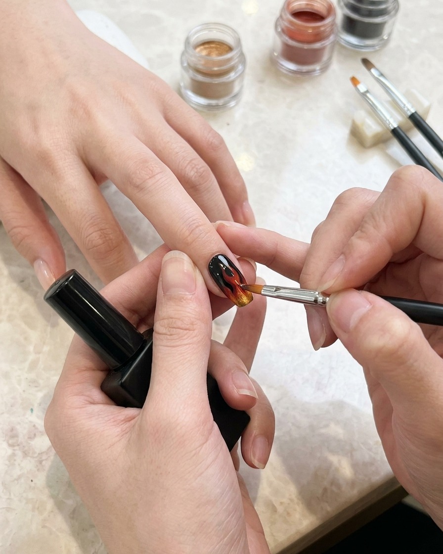 Ein feiner Nailart-Pinsel zeichnet weiße Flammenformen auf einen schwarz lackierten Nagel.
