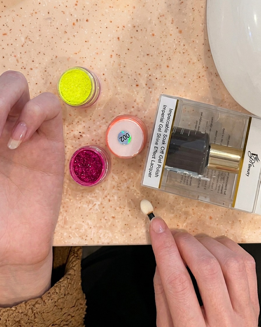 Ein Schwammapplikator verblendet oranges Pigment mit dem rosa Bereich auf dem mit Flammen verzierten Nagel.