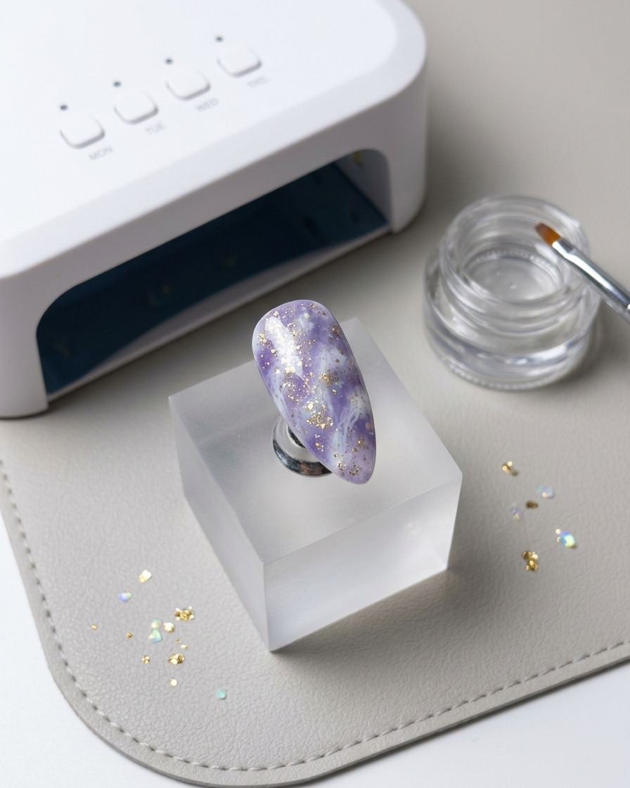 Ein Dotting-Tool oder Pinsel trägt weißes Blooming-Gel auf die Nageloberfläche auf.