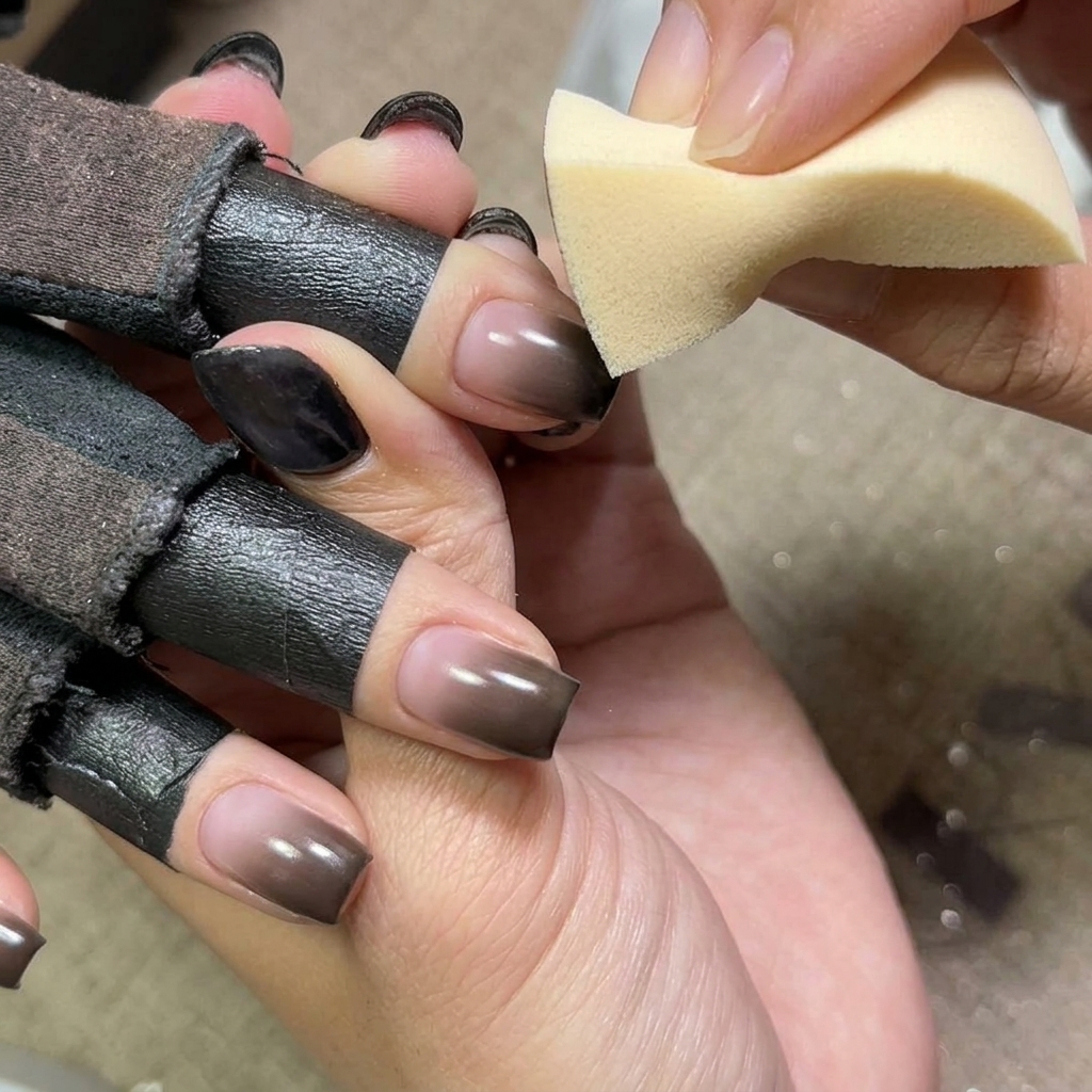 Nahaufnahme eines Schwämmchens, das mehr schwarzes Pigment auf die Nagelspitzen aufträgt.