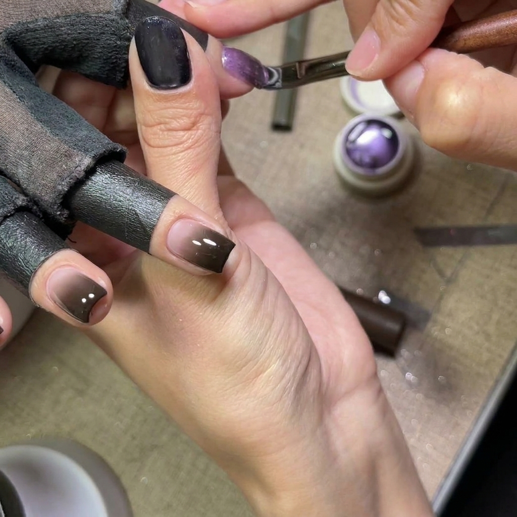 Auftragen einer Schicht schimmerndem violetten Cat-Eye-Lack auf den Nagel mit Verlauf.