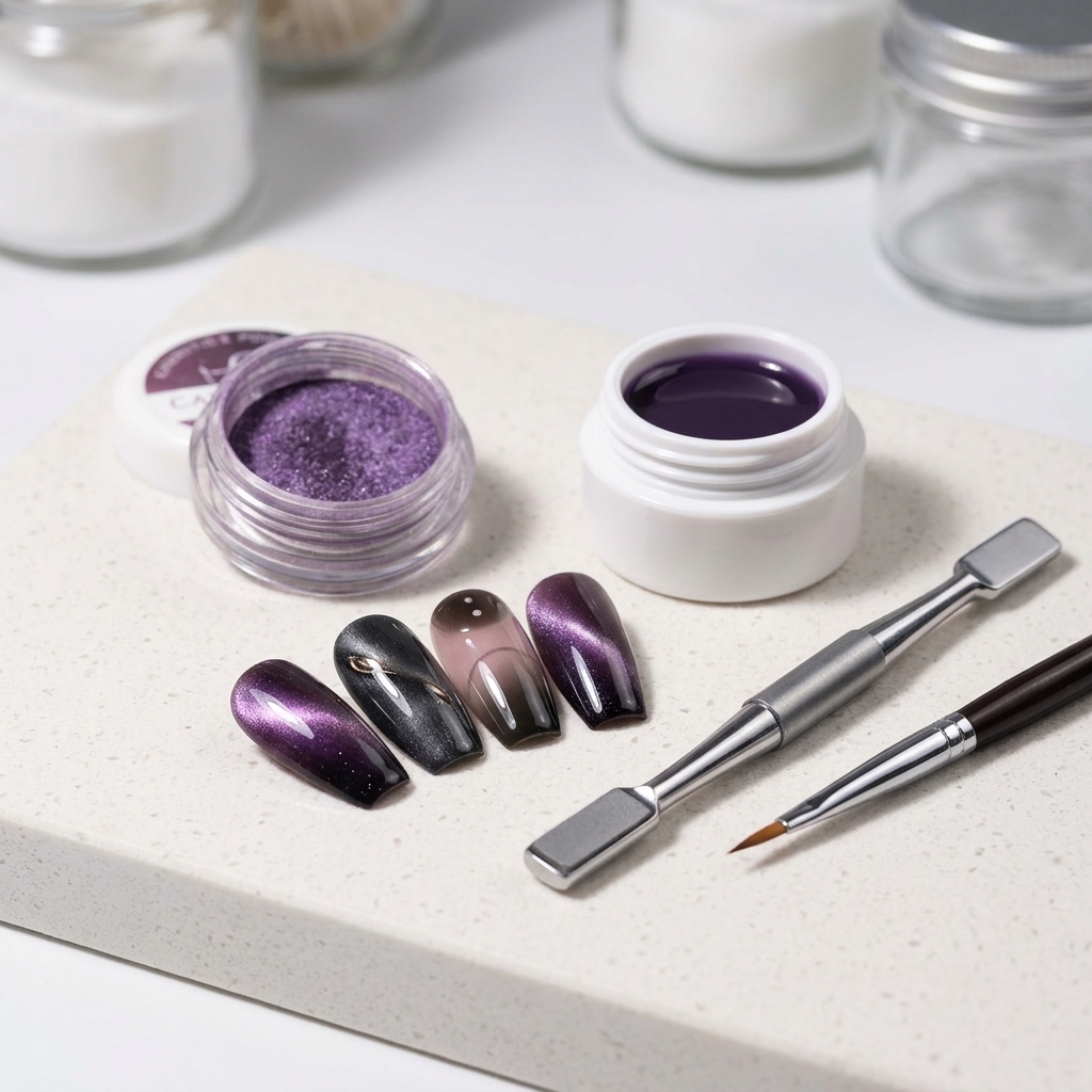 Ein Magnet wird über den Nagel gehalten, um das violette Cat-Eye-Pigment in ein dekoratives Muster zu bringen.