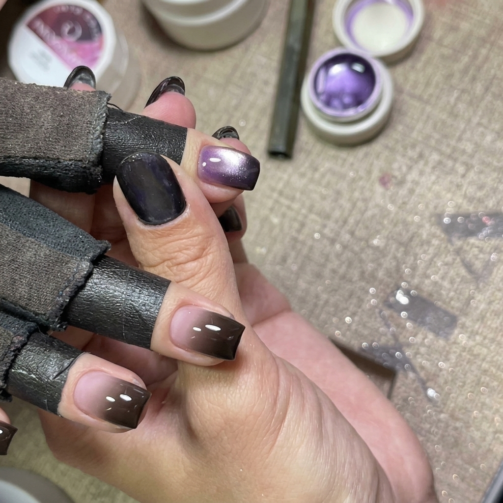 Nahaufnahme eines Nagels, bei dem violettes Cat-Eye-Gel mit einem Magneten nachbearbeitet wird.