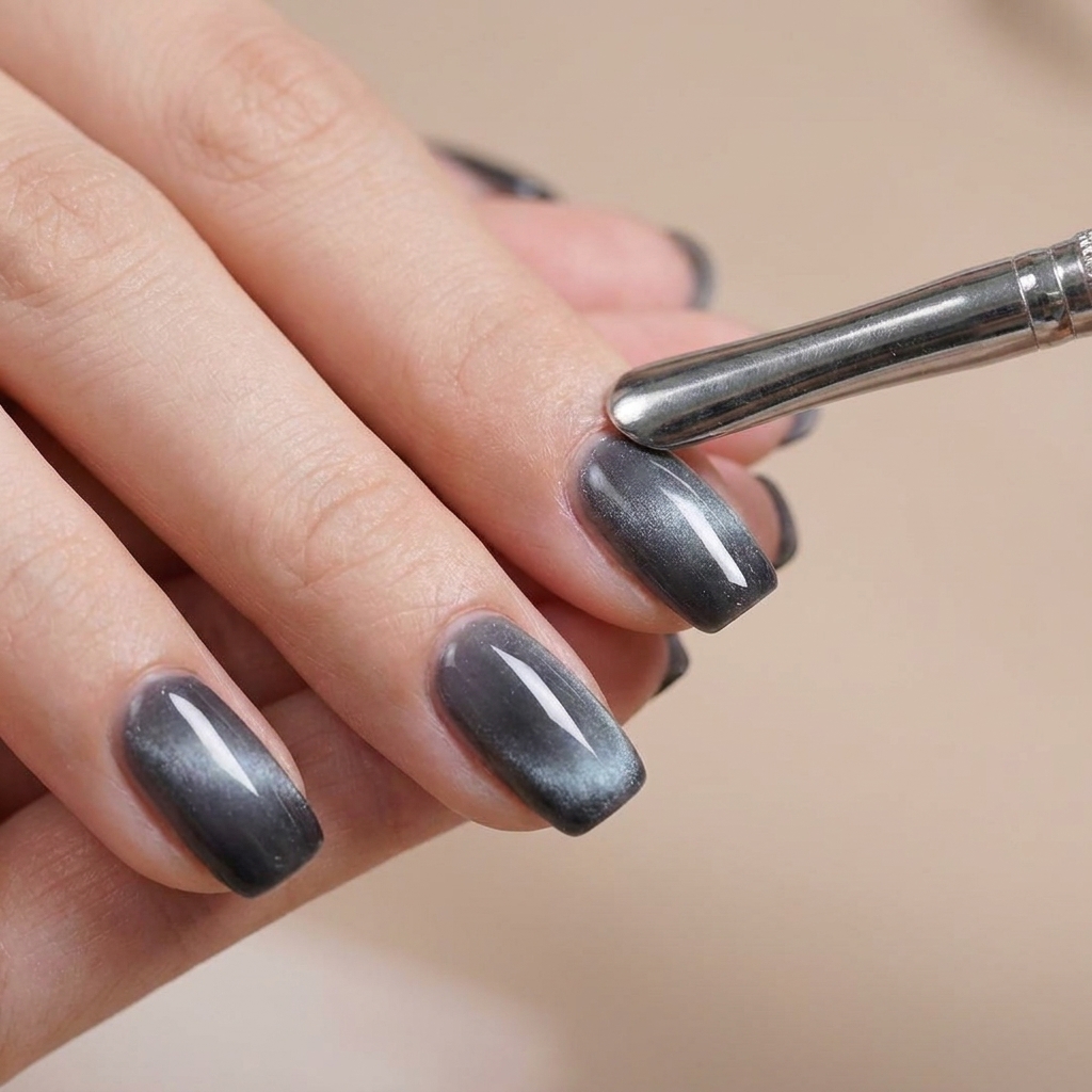 Ein Magnet wird über einem blau lackierten Nagel geschwenkt, um Schimmer zu erzeugen.