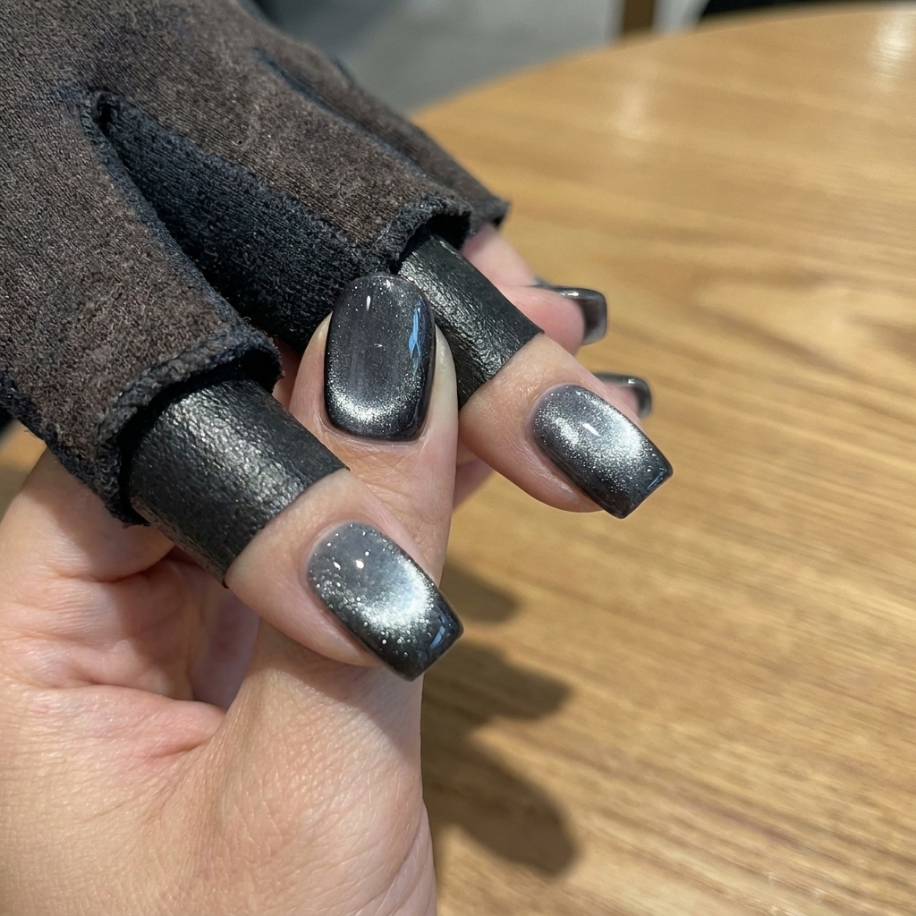 Eine Hand mit blauem Cat-Eye-Gel liegt in einer UV-Lampe für den finalen Aushärtungsschritt.