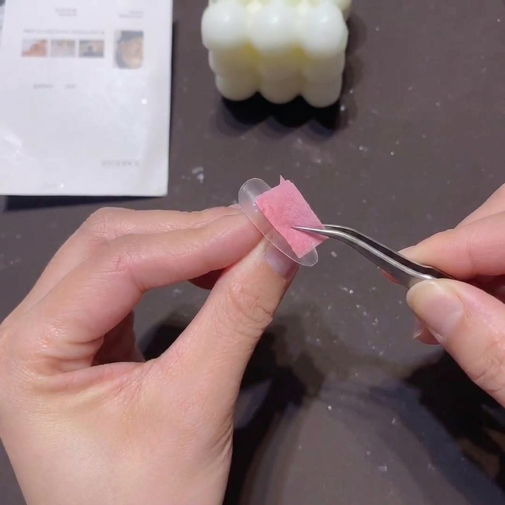 Eine Person hält mit einer Pinzette ein kleines rosa Schwämmchen und tupft ein helles Concealer-Gel auf die freie Kante eines klaren Nageltips.