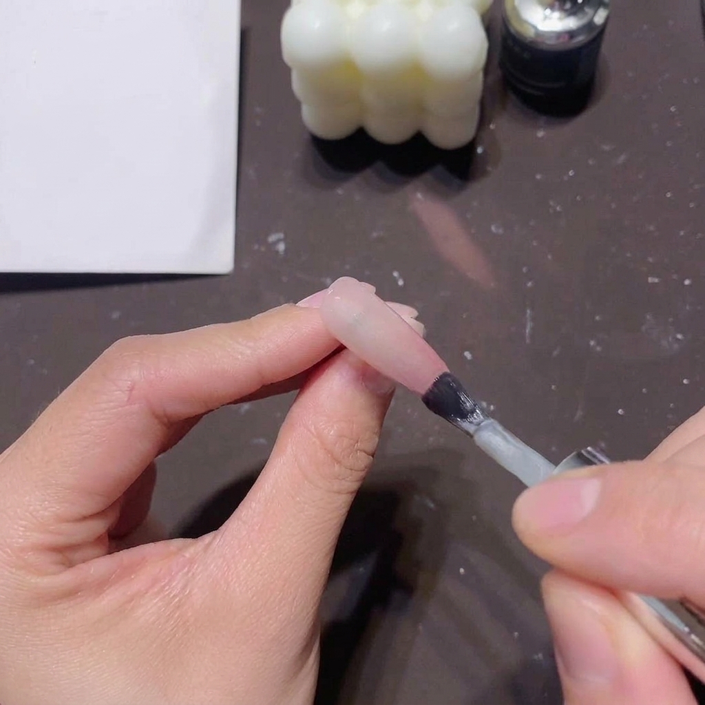 Ein Pinsel aus einer Gel-Lack-Flasche trägt eine großzügige Schicht klares, magnetisches Cat-Eye-Gel über einen rosa-klaren Ombré-Nagel auf.