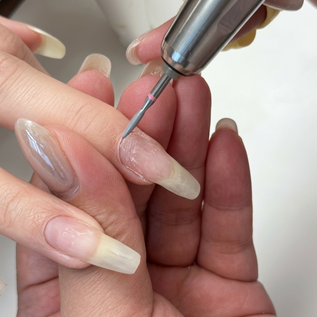 Nahaufnahme eines E-Feilen-Bits, das sanft den Nagelhautbereich eines natürlichen Nagels reinigt.