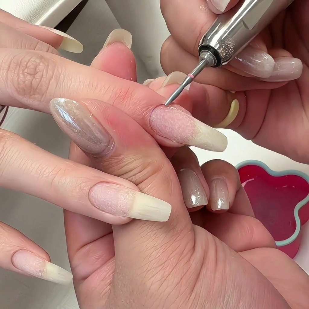 Nahaufnahme eines flammenförmigen E-Feilen-Bits, das die Haut um die Nagelbasis glättet.