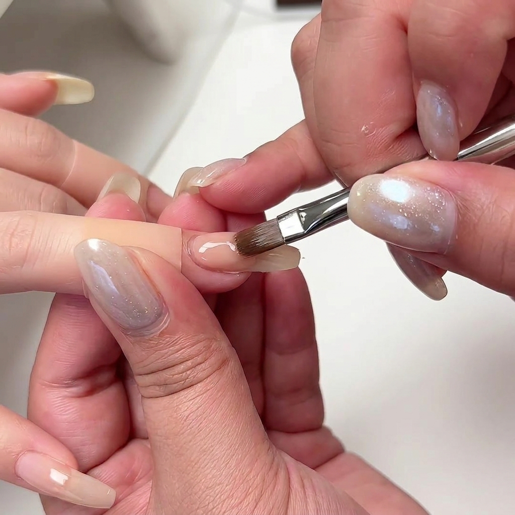 Ein Nagelpinsel trägt ein nudefarbenes Aufbaugel in der Mitte des Nagels auf.