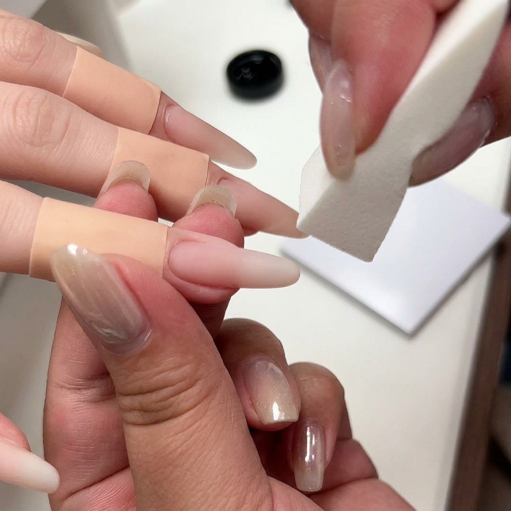 Ein Buffer glättet die Oberfläche eines modellierten, nudefarbenen Gelnagels.