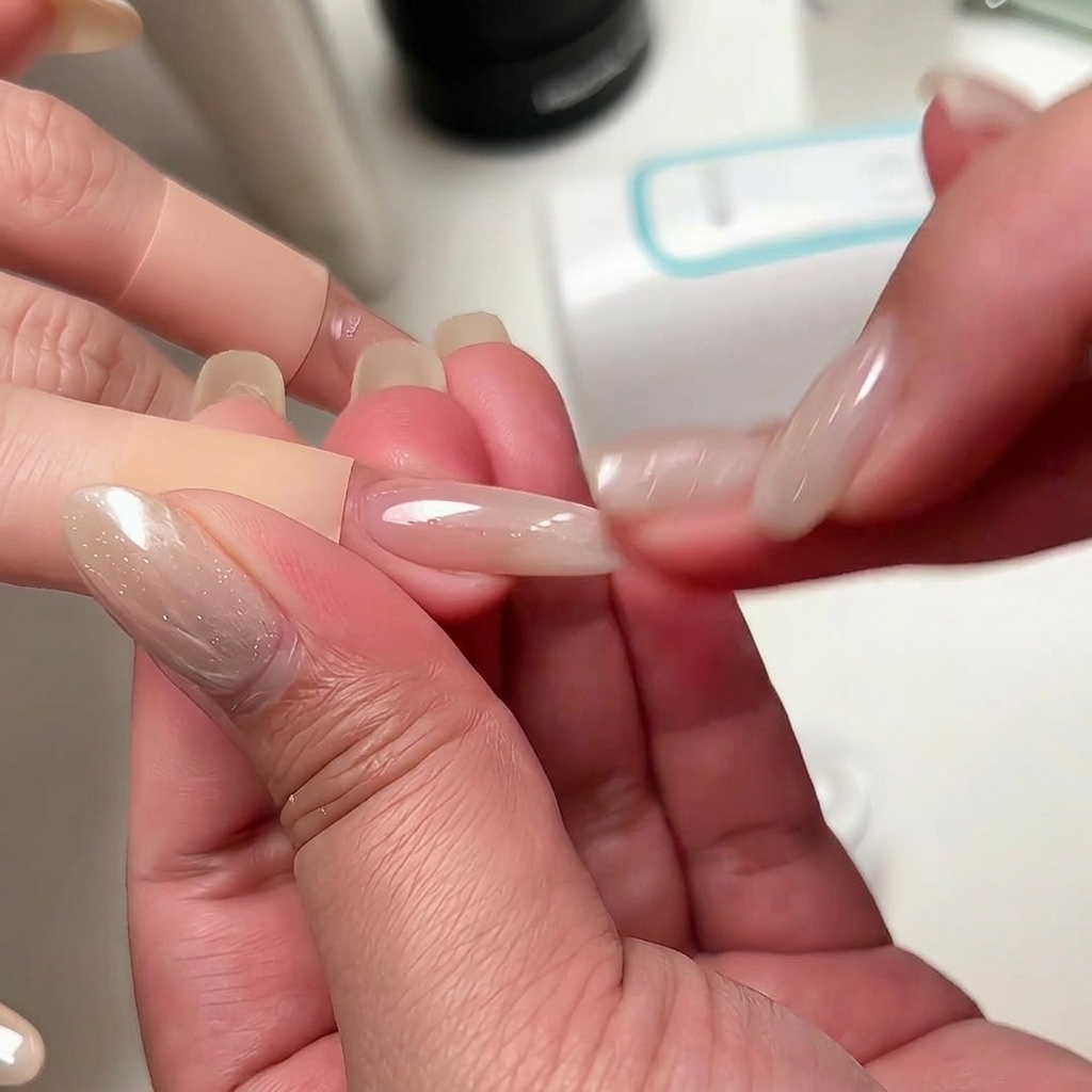 Nahaufnahme einer Hand, die schimmerndes Chrom-Puder auf einen milchig-weißen Ombré-Gelnagel reibt.