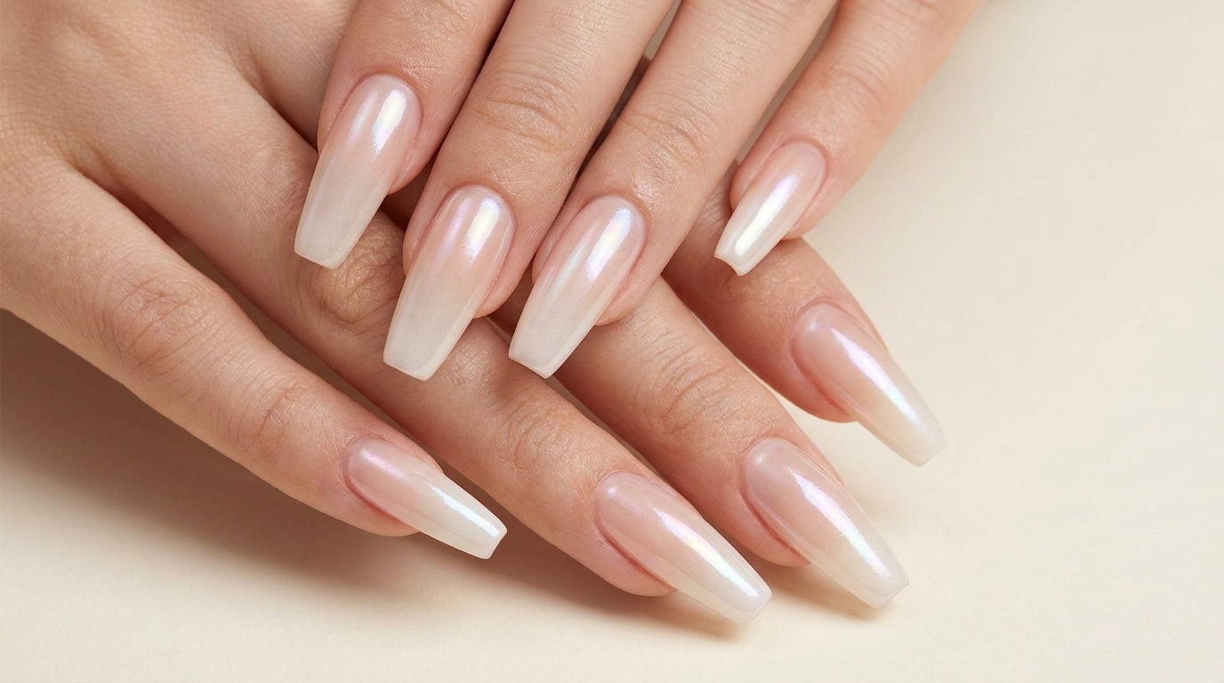 Sargförmige Nägel mit milchig-weißem Ombré und einem zarten, perlmuttartigen Chrom-Finish.