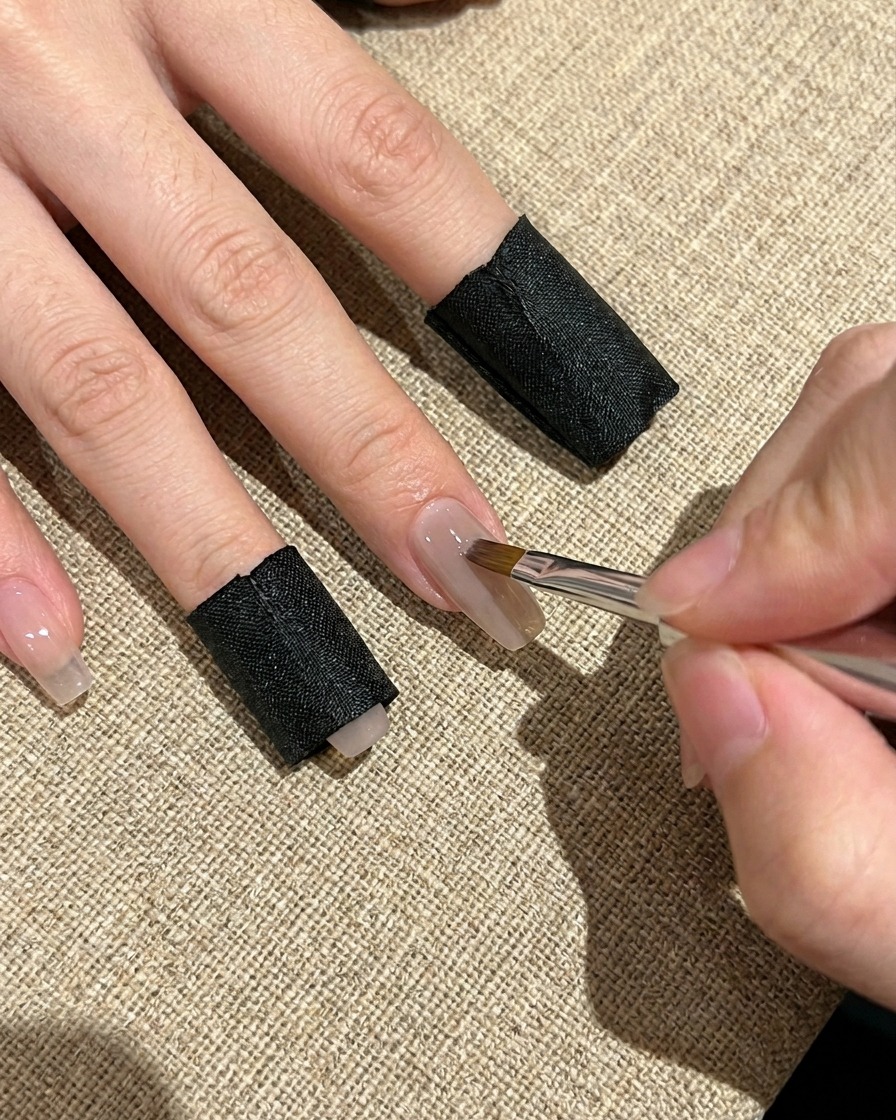 Nahaufnahme eines Pinsels, der klaren Base-Coat-Gel auf einen Naturnagel aufträgt, für eine saubere und glatte Basis.