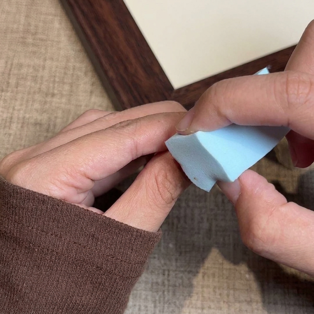 Ein Make-up-Schwamm wird auf den Fingernagel gedrückt, um Gellack für den Ombré-Effekt zu übertragen.
