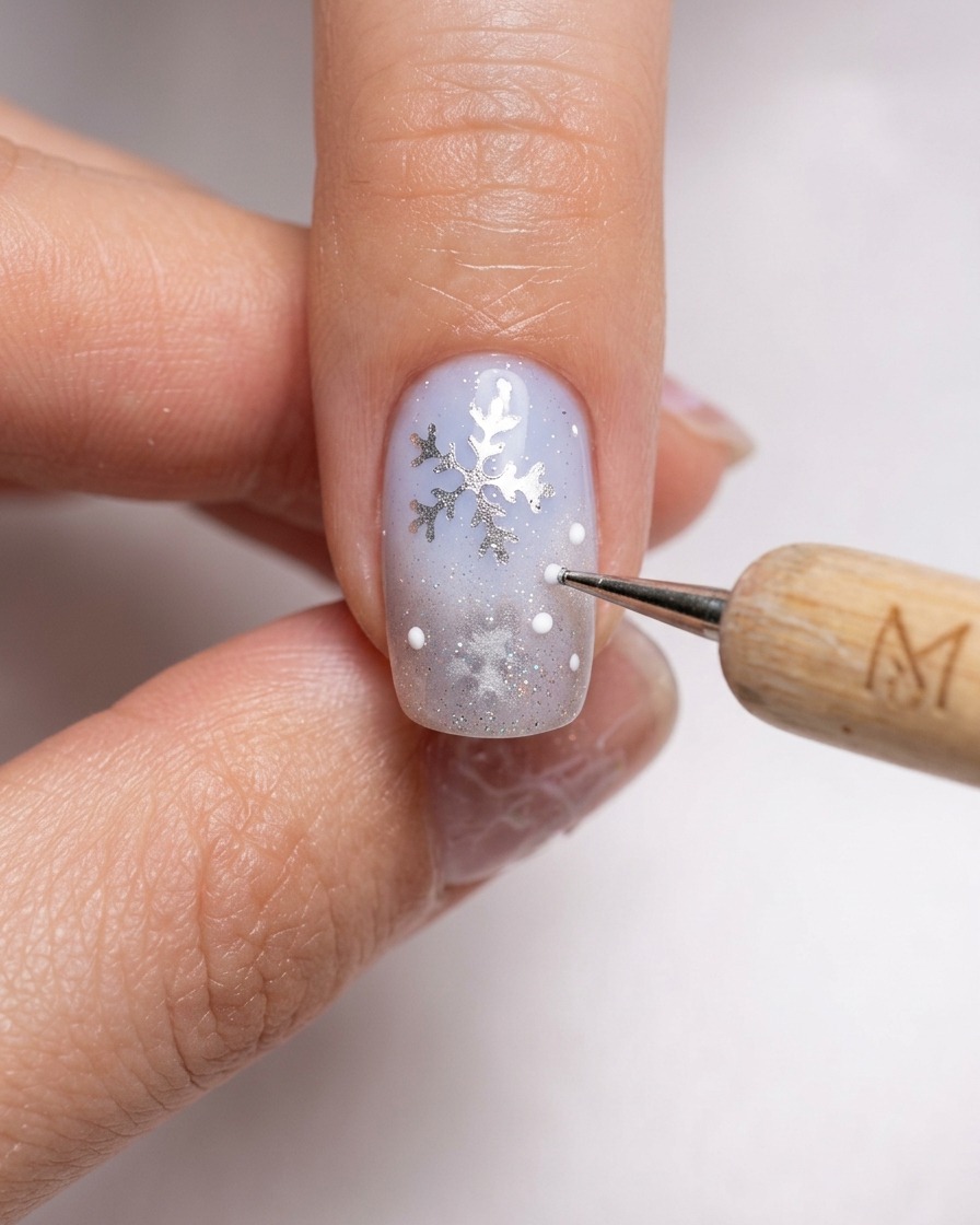 Nahaufnahme eines Dotting-Tools, das winzige weiße Gelpunkte auf einen winterlich gestalteten hellblau-silbernen Nagel setzt.