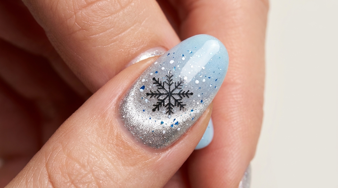 Winterliches Nageldesign mit silberner magnetischer Cat-Eye-Basis, einem sanften hellblauen Farbverlauf und einer auffälligen schwarzen Schneeflocke, umgeben von zartem fallendem Schnee.