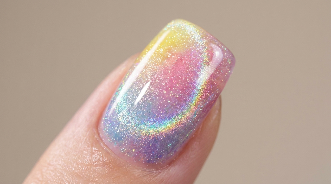 Dopamin-Nageldesign: Watercolor-Gradient mit Cat-Eye-Effekt