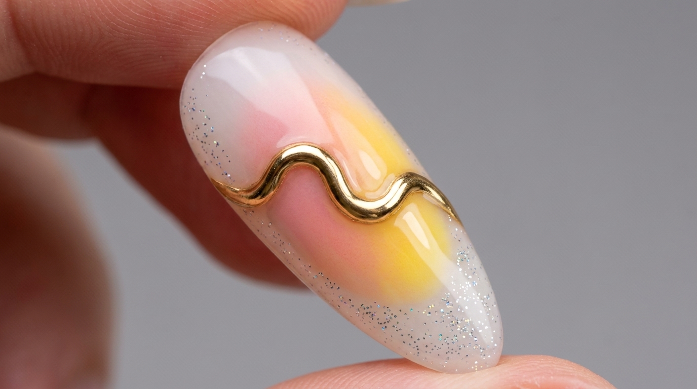 Nahaufnahme eines langen mandelförmigen Nagels mit einer milchig-weißen Basis und einem verblendeten rosa-gelben Sonnenuntergangsverlauf, verziert mit einer strukturierten, metallischen, goldfarbenen S-förmigen Welle in der Mitte und dezentem Glitzer.