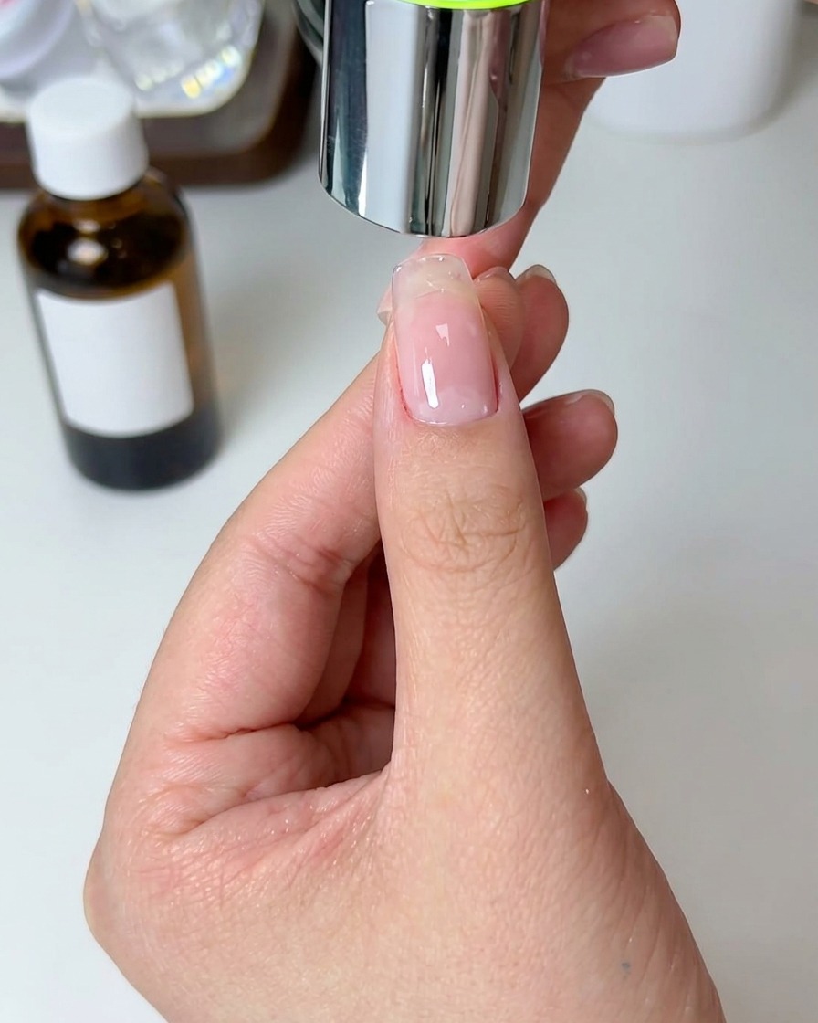 Eine Hand platziert einen Finger in einer kompakten LED-Nagellampe zum Aushärten.