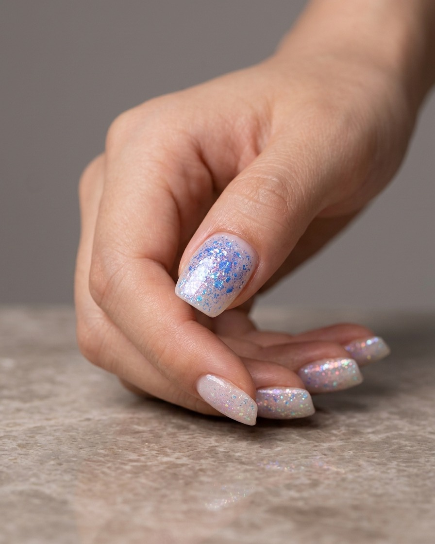 Nahaufnahme eines Nagels, der mit blauem Strukturgel über einer bereits vorhandenen, mehrfarbig marmorierten Gelbasis bemalt wird.