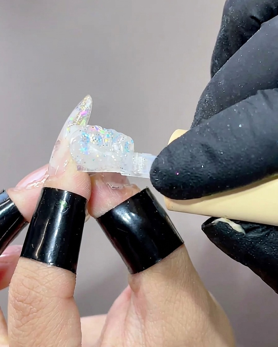 Nahaufnahme eines Pinsels, der ein klares, zähflüssiges Aufbaugel auf einen bereits mit Aurora-Effekt verzierten Nagel aufträgt.