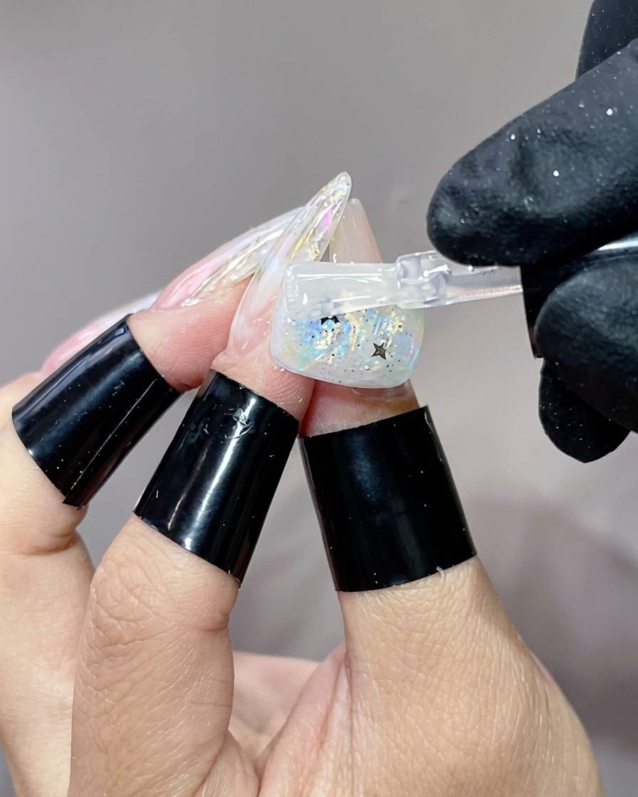 Ein Pinsel trägt eine abschließende, glänzende Top-Coat-Schicht über ein fertiges Nageldesign mit Sternenglitze auf.