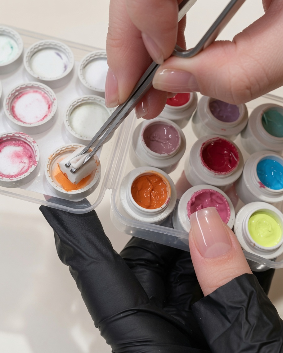Eine Pinzette hält ein kleines quadratisches Schwämmchen und taucht es in einen Tiegel mit leuchtend orangem UV-Nagellack.