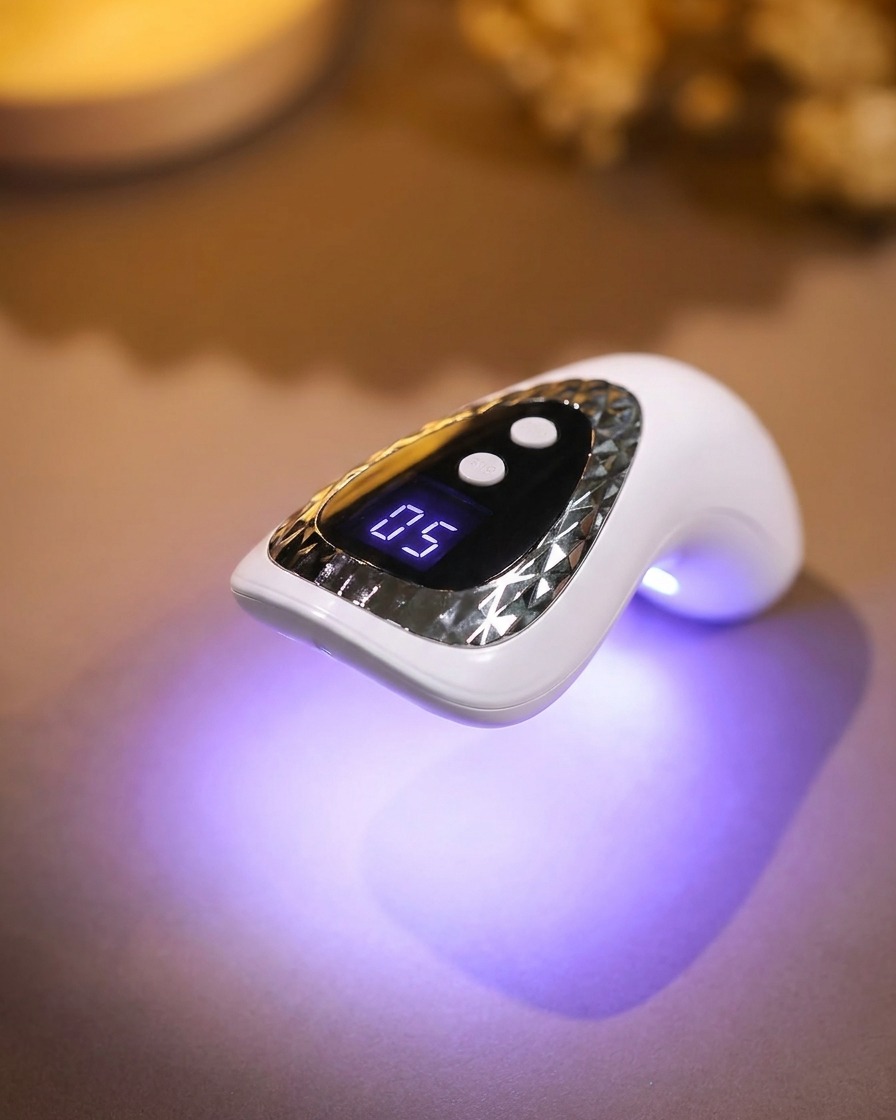 Nägel in einer UV-Lampe, die unter violett-blauem Licht aushärten.