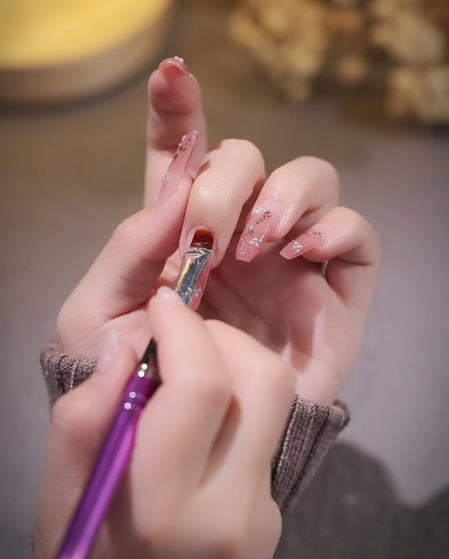 Ein Pinsel trägt klaren Hochglanz-Top Coat über das verzierte Design auf.