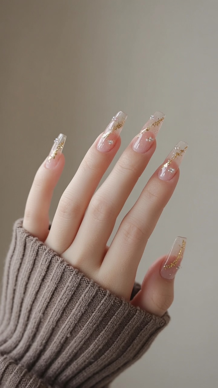 Lange, transparente Nägel mit einem zarten rosa Farbverlauf, goldenen Blattgold-Akzenten und funkelnden Strasssteinen.