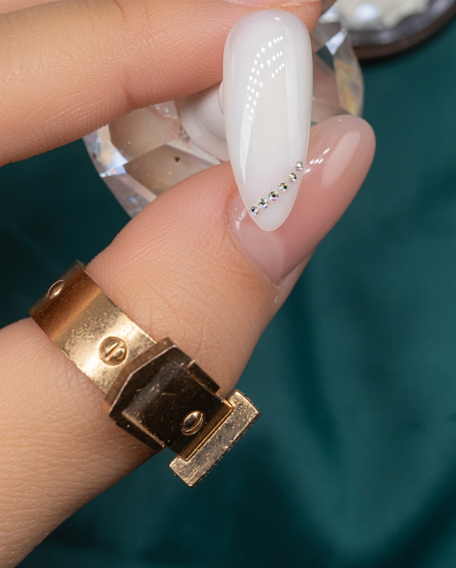 Ein Nagelpinsel trägt durchscheinendes weißes Gel auf die Oberfläche des dritten Nagels auf.