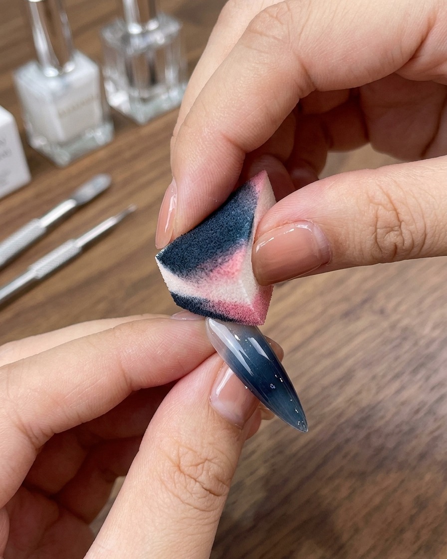 Ein Make-up-Schwamm tupft weißes Pigment auf einen Nagel, um einen Soft-Focus French-Tip-Effekt zu erzielen.
