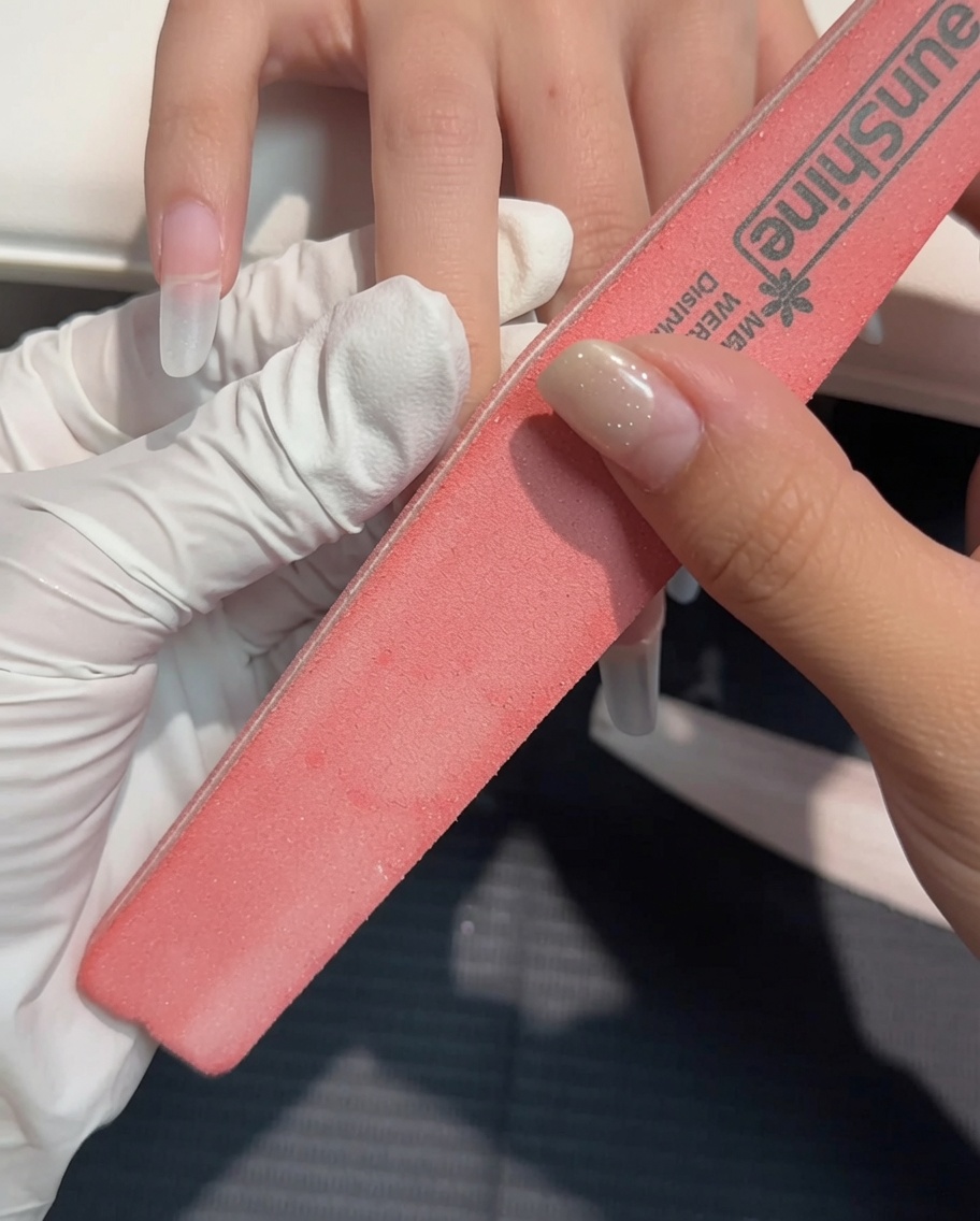 Ein rosa Buffer-Block mattiert sanft die Oberfläche des Tips.