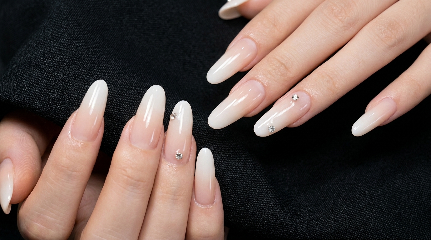 Atemberaubende milchweiße Ombré-Nägel in Mandelform, veredelt mit zarten Strasssteinchen an der Nagelhaut.