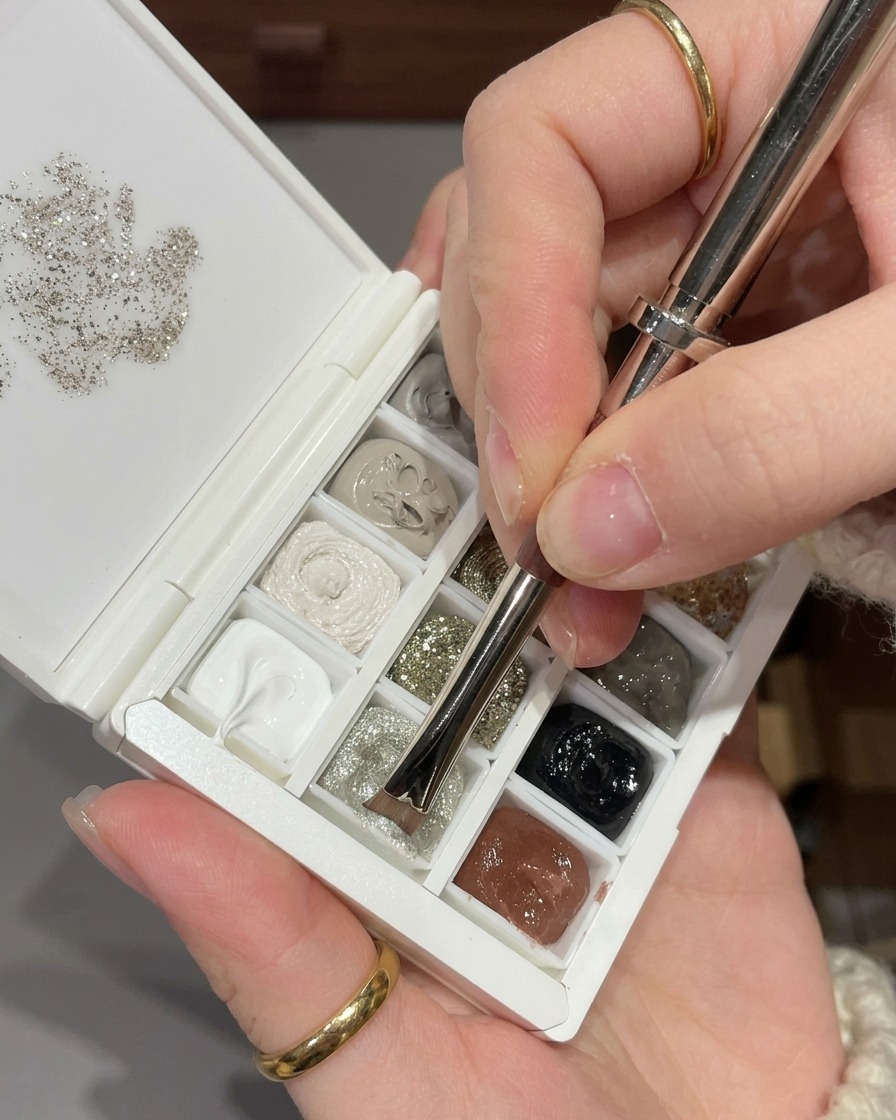 Nahaufnahme eines Nailart-Pinsels, der eine kleine Menge feines silbernes Glitzergel von einer professionellen Farbpalette aufnimmt.