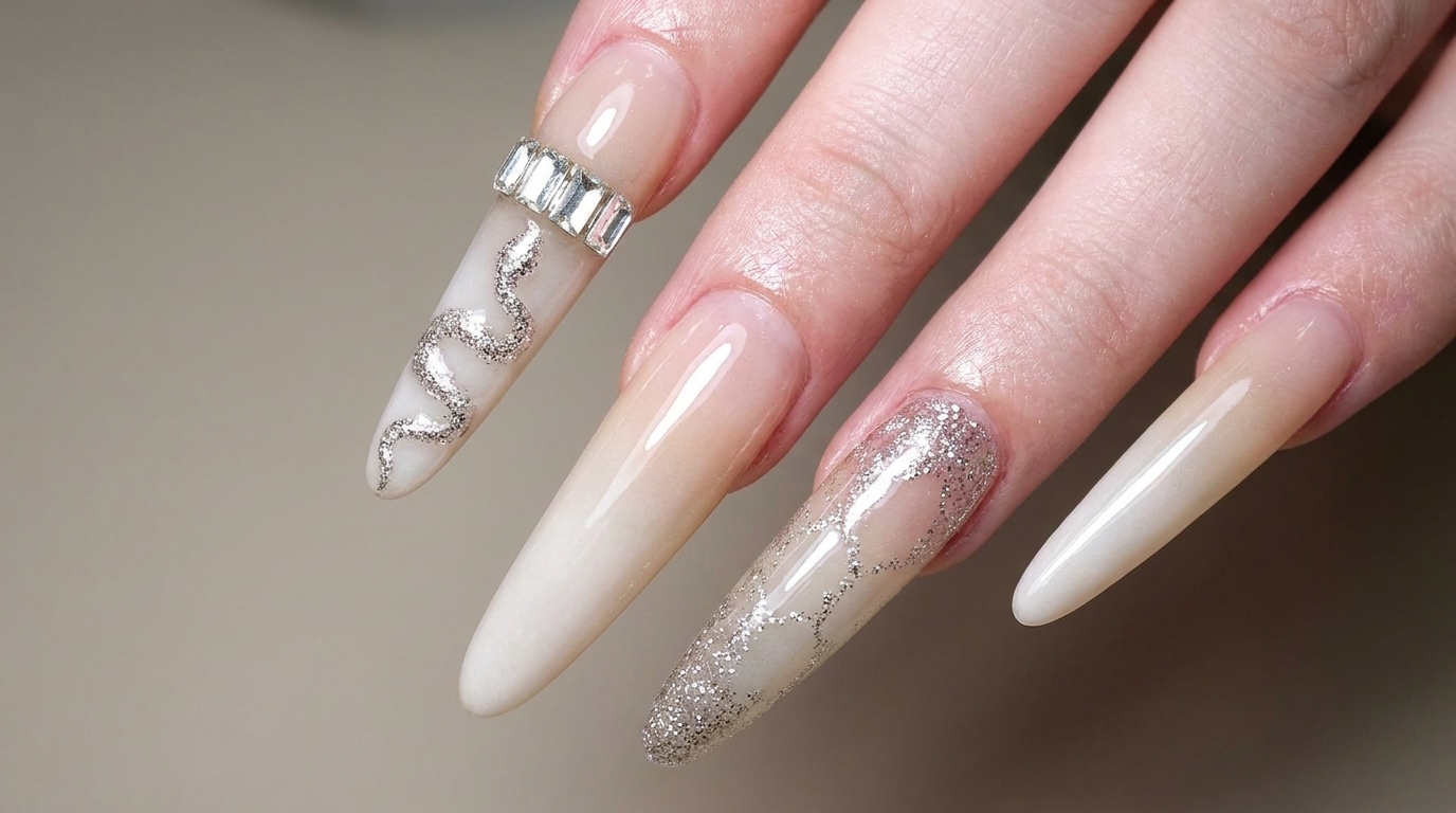 Milchiger Ombré-Look mit silbernem Schlangen-Design und Strasssteinen