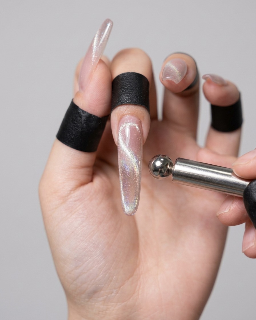 Ein Magnet wird nahe an einen nassen Gelnagel gehalten und verwandelt den Schimmer in einen leuchtenden Perlen-Effekt.