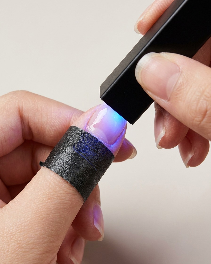Eine Hand hält eine kleine schwarze, rechteckige UV/LED-Lampe über einen Fingernagel, um eine klare Gelschicht auszuhärten.