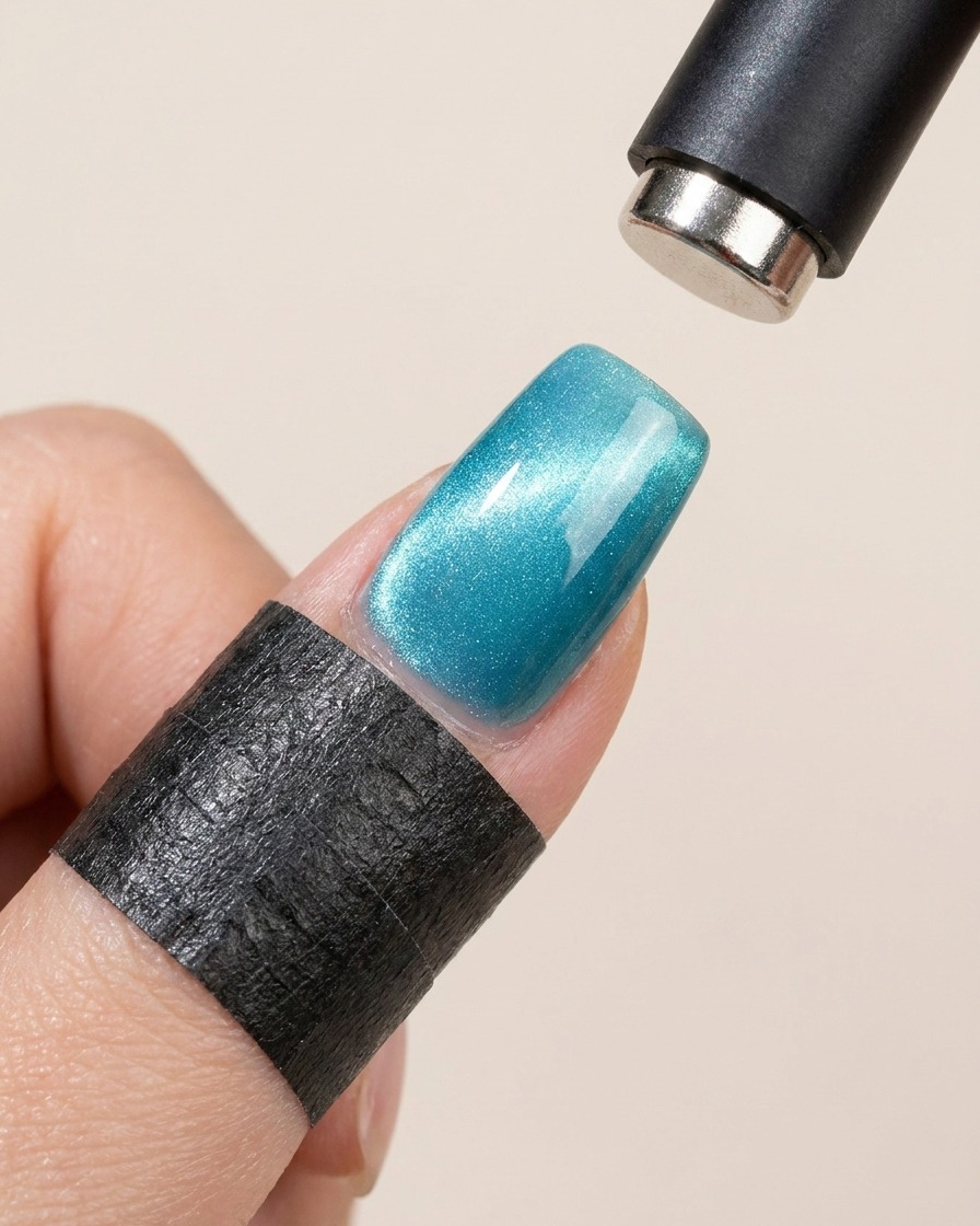 Ein zylindrischer Magnet schwebt über einem Nagel, der mit feuchtem türkisen Cat-Eye-Gel bemalt ist, und zieht eine breite Linie aus Schimmer durch die Mitte.