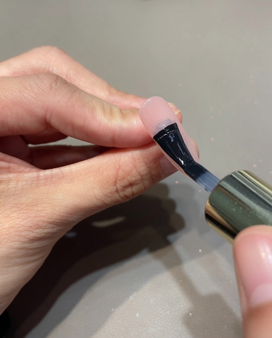 Ein Pinsel trägt einen klaren Base Coat auf einen Nagel auf.